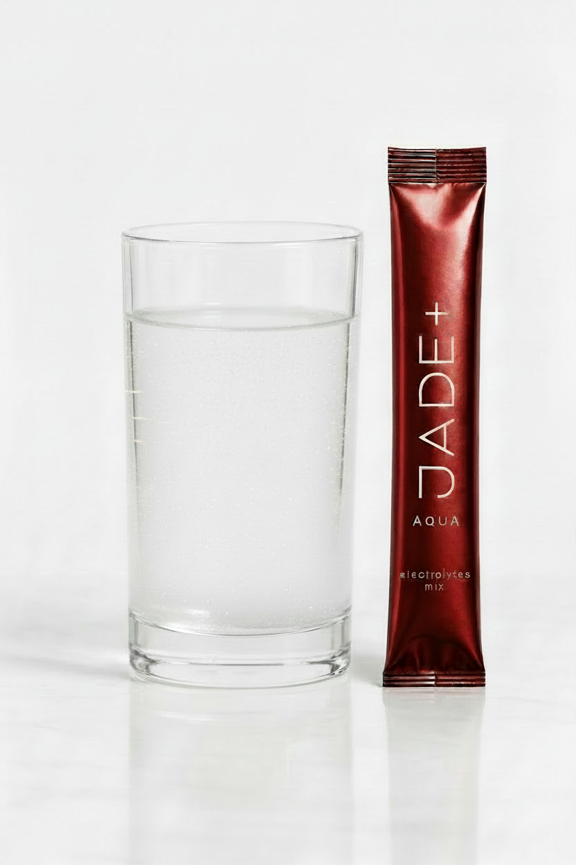 Red JADE+ electrolytes mix packet next to a glass of water on a white background